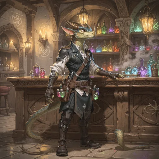 Prompt: Envision a digital sketch with a  realistic looking aspect, capturing a medieval fantasy Bartender, adorned in intricately layered clothing of his profession. Haut couture fashion ideas blending seamlessly with the practicality of bartending gear. showing the many attributes and stylishness for the contemporary male kobold. The design features a practical but stylish  outfit. styled to impress.  The whole picture is situated in a fantsay styled tavern with many wooden and magical elements.To enhance the atmosphere, the style leans towards vibrant, painterly textures, reminiscent of classic fantasy illustrations.