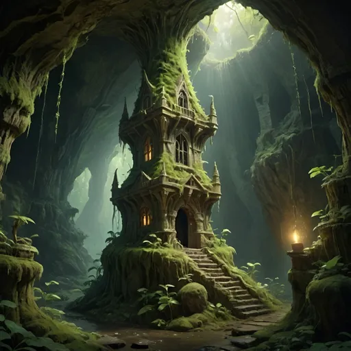 Prompt: Mages tower in a cave, magical illuminated rays, forgotten ruin, mossy and overgrown, female sorceress casting spells, 4k ultra-detailed, fantasy, magical, mystical, mossy and overgrown, atmospheric lighting, intricate details, cave setting, ancient ruins, enchanting, sorceress, mysterious