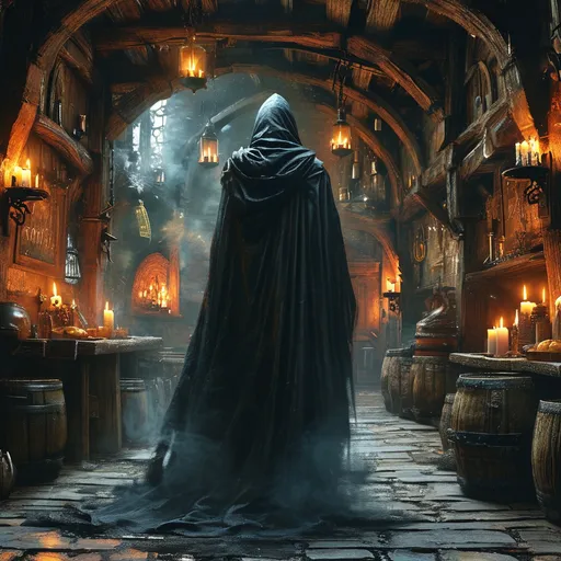 Prompt: (cloaked dark figure), set in a (medieval fantasy tavern), surrounded by (billowing smoke), atmospheric (shadowy ambiance), dimly lit with (flickering candlelight), rich (wooden furnishings), mysterious (muffled conversations), detailed textures, (highly detailed), (captivating mood), evoking intrigue and suspense, immersive environment, (4K).