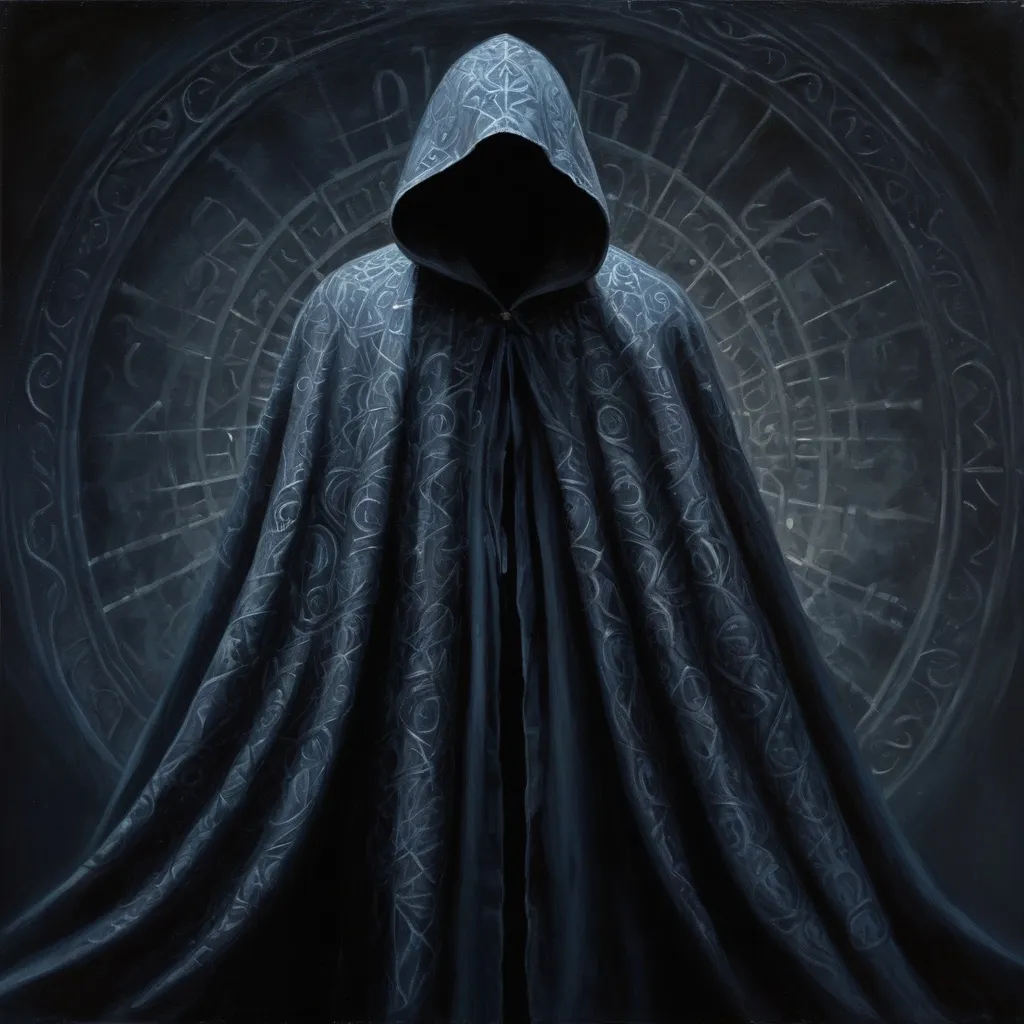 Prompt: (oil painting of a cloak), (invisibility cloak) blending into shadows, intricate pattern of magical runes, transparent,  soft brush strokes conveying a mystical ambiance, darkness at night,  