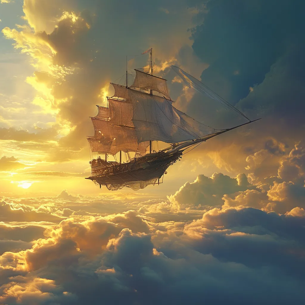 Prompt: (flying ship), above the golden clouds, majestic, fantasy, dramatic golden tones, high contrast lighting, ethereal atmosphere, sense of wonder, ultra-detailed, glowing light reflections on clouds, vast expansive sky, hint of sunlight, crisp air, ultra HD, highly detailed sails, intricate design, storm clouds, fantastical elements, vivid colors, cinematic masterpiece.