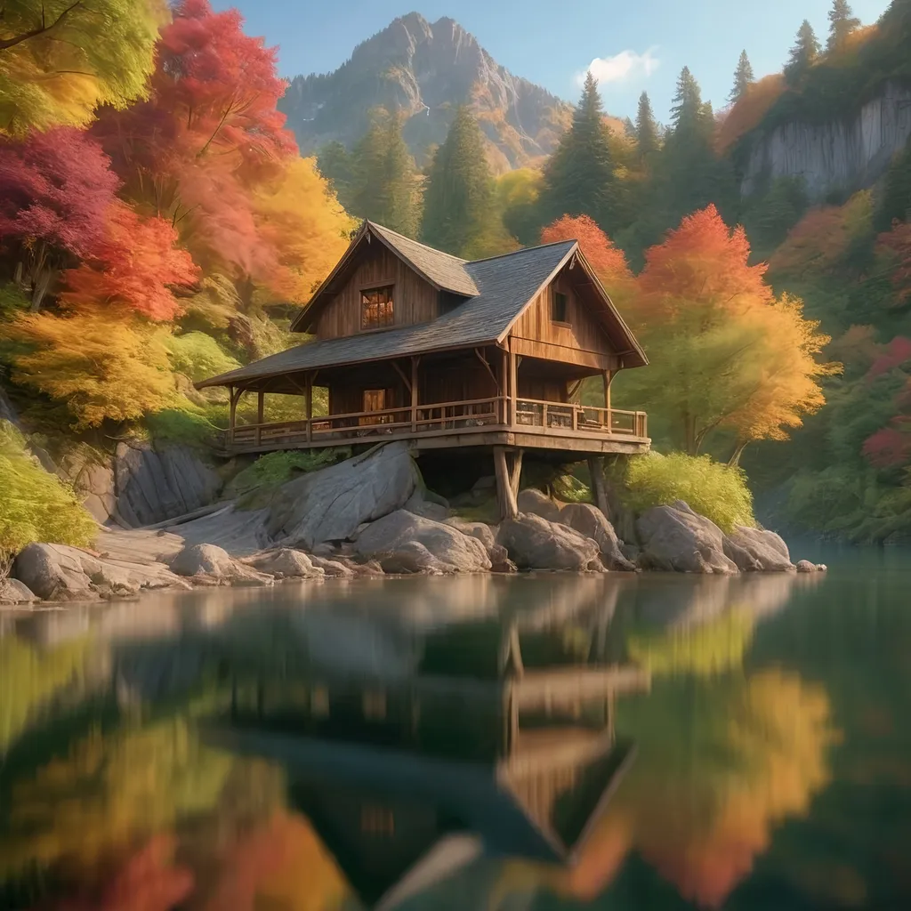 Prompt: (boathouse at the shores of a tranquil mountain lake), surrounding nature , calm admosphere, waterfall in the background, rustic building, serenity, 