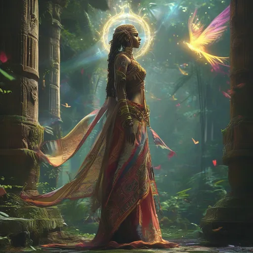 Prompt: (4K) stunningly Beautiful female Asimir adivasi Priestes DND character, cloaked in intricate ceremonial robes, standing boldly in a mystical overgrown temple, halo shining above her head, (powerful spells) flying through the air amongst a dazzling glow of divine light, vibrant ethereal colors illuminating the scene, lush greenery as the backdrop, (intense atmosphere) filled with urgency and magic, highly detailed.