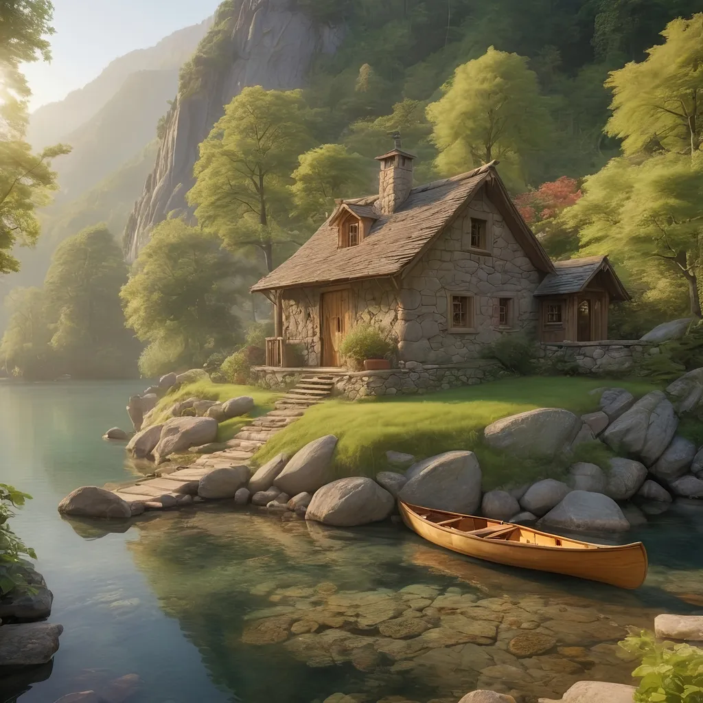 Prompt: aerial view, (charming rustic stone boathouse at tranquil mountain lake), small mountain path leading to front door, fairytale-like surroundings, serene atmosphere, wooden canoe at the shore, misty water, waterfall in background, enveloped in lush nature, calming golden morning light, sun's rays piercing through, ultra-detailed, picturesque landscape, whispering tranquility, enchanting beauty of nature, reflecting calmness and peace.