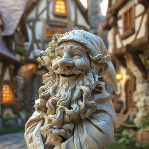 Prompt: (veiny marble white statue of a fool), cheerful and jolly expression, bright (radiant lighting), meideval fantasy, detailed features, intricate veins design, in the village square, warm atmosphere, lush greenery surrounding, inviting entrance, ultra-detailed, cinematic depth, harmonious blend of elegance and whimsy, vibrant colors reflecting off the statue surface.