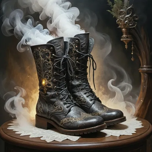 Prompt: (anton peak-style) oil painting , stand alone, (armorplated lace leather night prawler boots) covered in smoke and shadow, stylish medieval fantasy, (enchanted boots), magical illuminating smoke, intricate detailing, 
 magical glow, backgrounds of mystical forests, warm jewel tones, soft lighting effects, whimsical ambiance, high-quality 4K resolution, ultra-detailed texture, fantastical elegance.