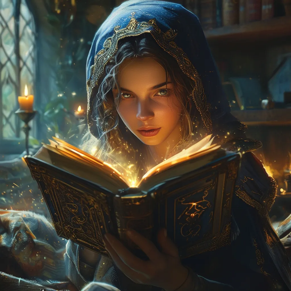 Prompt: (young woman sneakily reading a magical tome under the covers), medieval fantasy setting, (dramatic lighting), (glowing runes), spell illuminating the book, book radiating light, cozy ambiance, richly detailed environment, mysterious atmosphere, enchanted aura, mysterious symbols, enchanted book, ethereal light beams, detailed facial features, high contrast shadow and light play, cinematic depth, ultra-detailed, 4K.