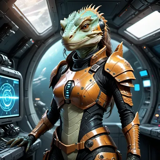 Prompt: Female lizard hybrid commander, DND character, (high-tech futuristic space outfit), (ready for battle), (tech battle armor), intricate details, laser rifle at the ready, illuminated armor panels, battle scars, sleek design, posture of confidence, (space station surroundings), spaceship and blinking control panels in the background, vibrant colors, contrasting shadows, immersive sci-fi ambiance, (4K ultra-detailed), dynamic energy.