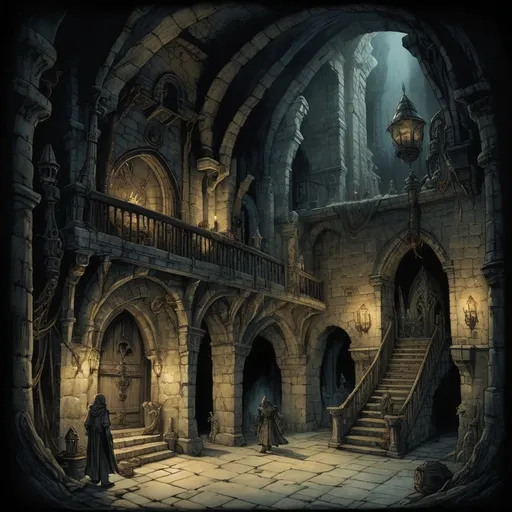 Prompt: (DnD dungeon), grand and atmospheric halls, ancient ruins, shadowy corners, (adventurers exploring), (Anton Pieck style) enchanting illustration, dark shadows, a sense of mystery and adventure, whimsical creatures lurking, ultra-detailed, high-quality fantasy art, immersive and captivating ambiance.