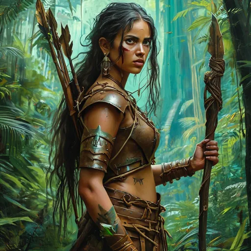 Prompt: realistic oil painting, Female Adivasi nature warrior, (medieval fantasy), clad in leather platemail armor, casting nature spells, surrounded by a lush jungle setting, ancient jungle ruins, vibrant green tones, (mystical ambiance), detailed character features, captivating expressions, intricate armor designs, weapon details, (highly detailed), (4K), capturing the essence of a DnD character immersed in a magical experience.