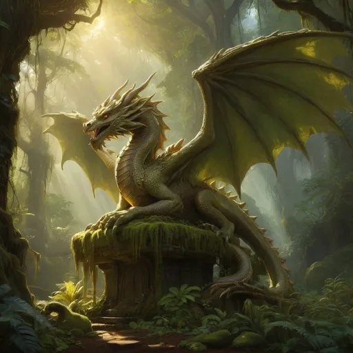 Prompt: (stone western dragon statue), (overgrown with moss and plants), magnificent wings, (ceremonial resting giants), deep rainforest, sunlight streaming through ancient trees, ethereal atmosphere, mystical ambiance, rich greens and browns, soft golden light, serene background, oil painting masterpiece, capturing the awakening of the gods, high detail, enchanting scene, tranquil yet powerful mood, ultra-detailed composition.