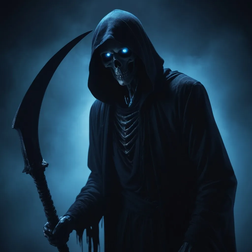 Prompt: (modern grim reaper), (blue illuminating eyes), dark and eerie, high contrast, deep shadows, glowing blue accents, dark, misty background, haunting atmosphere, dramatic lighting, photorealistic, ultra-detailed, 4K, cinematic quality