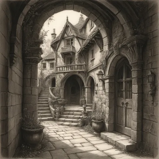 Prompt: (pencil drawing), secret passages, medieval fantasy style, tucked away in an opulent estate, intricate details of forgotten corners and dust-laden frames, dimly lit atmosphere evoking intrigue and wonder, shadows dancing along the stone walls, antique furnishings partially visible, rich textures enhanced by soft shading, high quality, ultra-detailed composition.