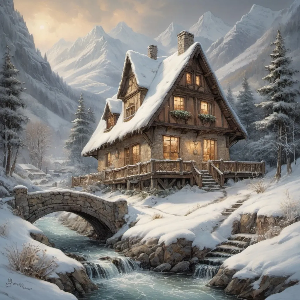 Prompt: (snowed-in cottage), nestled among the (majestic mountains), icy stream flowing nearby, enveloped in a (fierce blizzard), falling snow, capturing the essence of (medieval fantasy), intricate details in the style of (Anton Pieck), rich colors with a dramatic contrast, soft flickers of warm light from the cottage windows, ultra-detailed (oil painting), evoking a sense of cozy isolation amidst the wild elements.