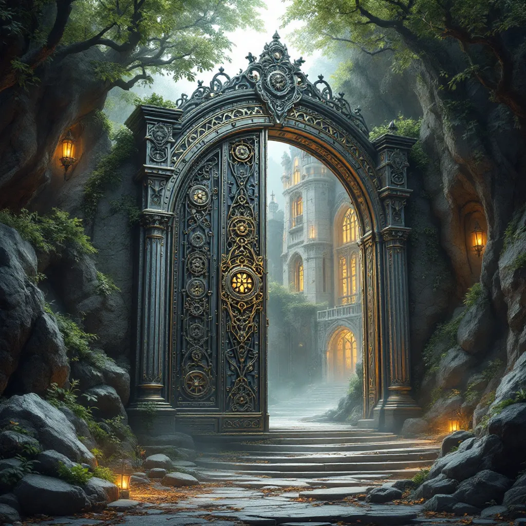 Prompt: digital art, magnificent metallic fantasy gate, intracate metullargy and magic, leading to a grand mansion, surrounded by rugged rocky terrain, abundant moss, and lush trees, ethereal lighting filtering through foliage, enchanting atmosphere, rich colors with high contrast, intricate details in the gate design, ultra-detailed, captivating, fantasy landscape with a sense of adventure and mystery