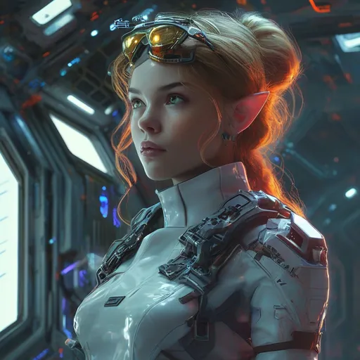 Prompt: Female elf engineer DND character, (high-tech futuristic space outfit), ready for busyness, (high tech suit), intricate details, tools at the ready, illuminated armor panels, sleek design, posture of confidence, (space station surroundings), spaceship and planets in the background, vibrant colors, contrasting shadows, immersive sci-fi ambiance, (4K ultra-detailed), dynamic energy.