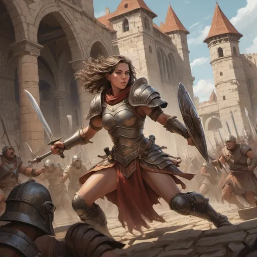 Prompt: (Female DnD character) engaged in a gladiator-style fight, fierce expression, detailed armor, poised with a weapon, (majestic beast) ready to attack, surrounded by (medieval fantasy arena) with ancient stone architecture in the style of Anton Pieck, vibrant colors, dramatic shadows, high tension atmosphere, cheering crowd in the background, (ultra-detailed), high-quality composition.