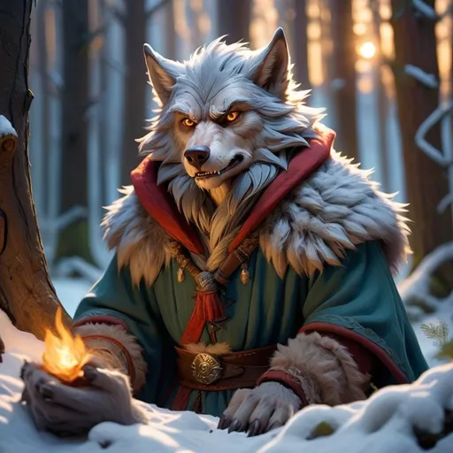 Prompt: DnD werewolf mage in a forest in winter, low sun, warm and homely atmosphere, high quality, detailed fur, fantasy, magical, mystical, snowy landscape, peaceful setting, vibrant fur colors, serene and enchanting lighting