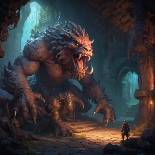 Prompt: (dungeon scene in Justin Gerard style), (fantasy artwork), dynamic composition, mythical monsters, brave adventurers, detailed character designs, vibrant colors, ambient magical lighting, intricate textures, immersive atmosphere, rich storytelling elements, high-resolution, captivating fantasy world, dramatic shadows, depth in details, enchanting background.