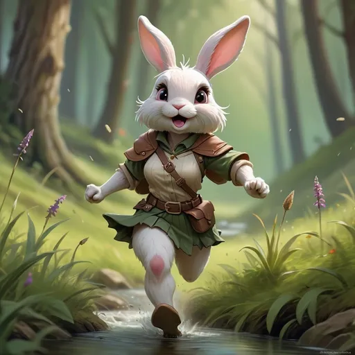 Prompt: female bunny humanoid character DnD style, fur ,running in a meadow in a forest, little stream, cute, sweet, fierce, fantasy art, magic the gathering artwork, concept art