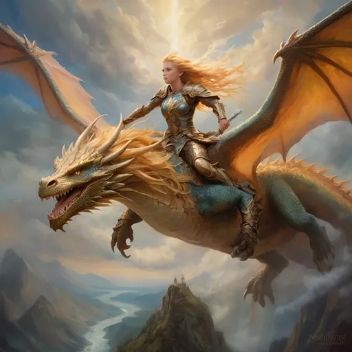 Prompt: Dragon rider Valkyrie in realistic oil painting, flying through the sky, majestic dragon with vibrant scales, ethereal wings, flowing golden hair, fierce expression, mythical landscapes, high fantasy, oil painting, vibrant colors, epic scale, detailed armor, stunning face, atmospheric lighting, professional, highres, fantasy, oil painting, dragon rider, Valkyrie, flying, majestic, ethereal, fierce expression, vibrant colors, high fantasy