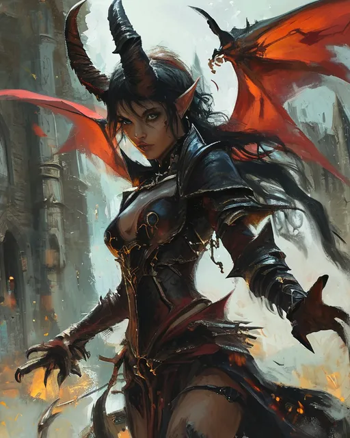 Prompt: (female DnD character: demon rogue), swirling through a battle, epic scene depicting a medieval fantasy confrontation, vibrant colors, dramatic brushstrokes, (dynamic movement), stunning demonic face, horns and a devils tail, immersive background with a crumbling castle, lush forests, and swirling dust, oil painting style evokes a sense of adventure, detailed textures, captures incredible energy, awe-inspiring, ultra-detailed.