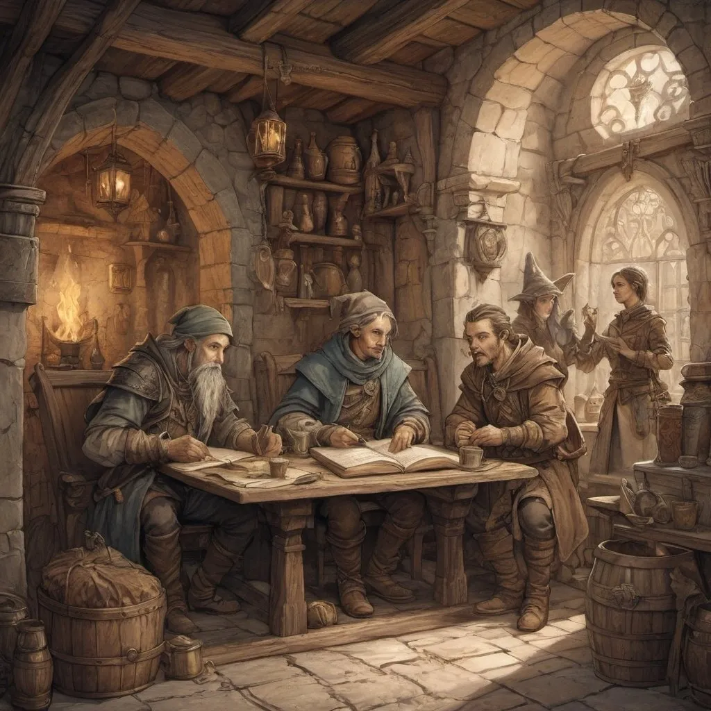 Prompt: Anton Pieck style illustration of the adventurers guild DnD style adventurer characters, vintage paper texture, intricate line work, high detail, mystical atmosphere, warm and nostalgic tones, soft lighting, high quality, dragon born, elves, mage, rogue, worrior, healer