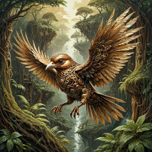 Prompt: (mechanical jachdaw bird) flying through lush, intricate trees, intertwined with (futuristic) elements, rocky landscape dotted with unique vegetation, dynamic movement and energy captured in the scene, brilliant golden and copper hues contrasting with dark earthy tones, (oil painting) style, (ultra-detailed) textures creating an immersive atmosphere, evocative of adventure and exploration, rich contrast and depth.