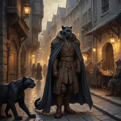 Prompt: Anton Pieck style illustration of panther person character DnD style, on the streets in the shadows, cloaked, romantic lighting, detailed fur face and rogue outfit, highres, ,medieval fantasy detailed, romantic, enchanting, magical, traditional illustration, warm tones, atmospheric lighting