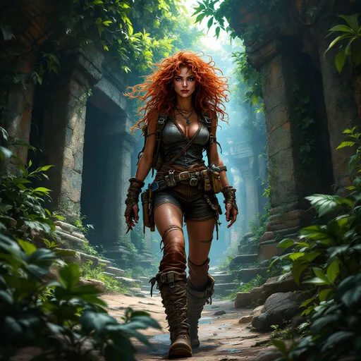 Prompt: digital art, Cute Tinkerer woman adventurer, medieval fantasy setting, wearing leather overalls, heavy boots, and jacket backpack, adorned with various tools, chaotic red hair flowing wildly, showcasing a toned physique, exploring ancient ruins filled with mystical traps, dramatic lighting creating shadows, lush overgrown vegetation in the background, atmospheric tension and excitement, detailed, capturing the essence of adventure and discovery.