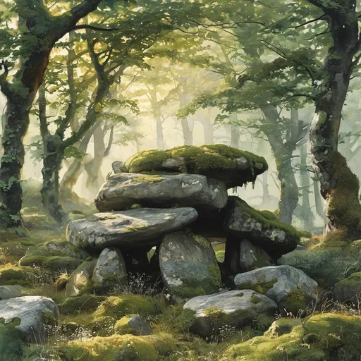 Prompt: water color anton pieck style,ancient dolmen, (sacred resting place), (Celtic ambience), mystical atmosphere, enchanting light filtering through ancient trees, rich green moss covering boulders, ethereal fog blanketing the ground, vibrant gold and emerald color tones, tranquil and serene mood, historical significance, ultra-detailed setting, hints of ancient inscriptions, natural surroundings, rich textures, harmonious blend of nature and history.