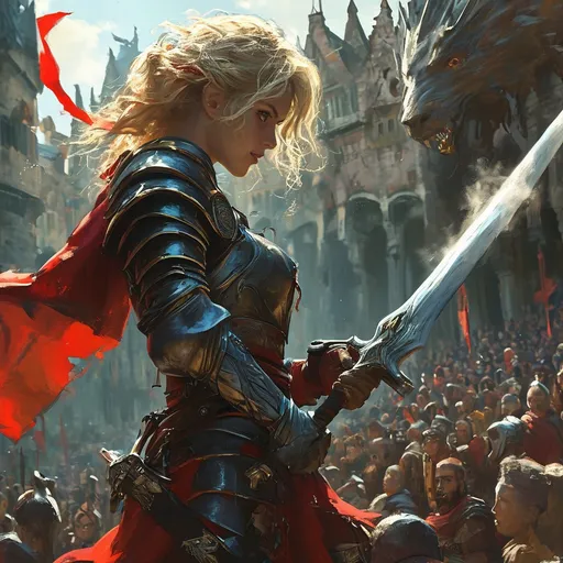 Prompt: aerial view (Female DnD character) engaged in a gladiator-style fight, fierce expression, detailed armor, poised with a weapon, (majestic beast) ready to attack, surrounded by (medieval fantasy arena) with ancient stone architecture in the style of Anton Pieck, vibrant colors, dramatic shadows, high tension atmosphere, cheering crowd in the background, (ultra-detailed), high-quality composition.