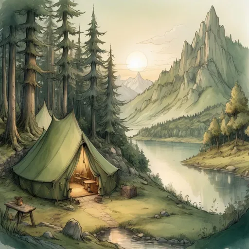 Prompt: Anton Pieck style sketch of a medieval fantasy campsite, big tents, dense forest, lake, distant mountains, sunrise, detailed sketch, vintage, forest green and earthy tones, warm lighting, quaint