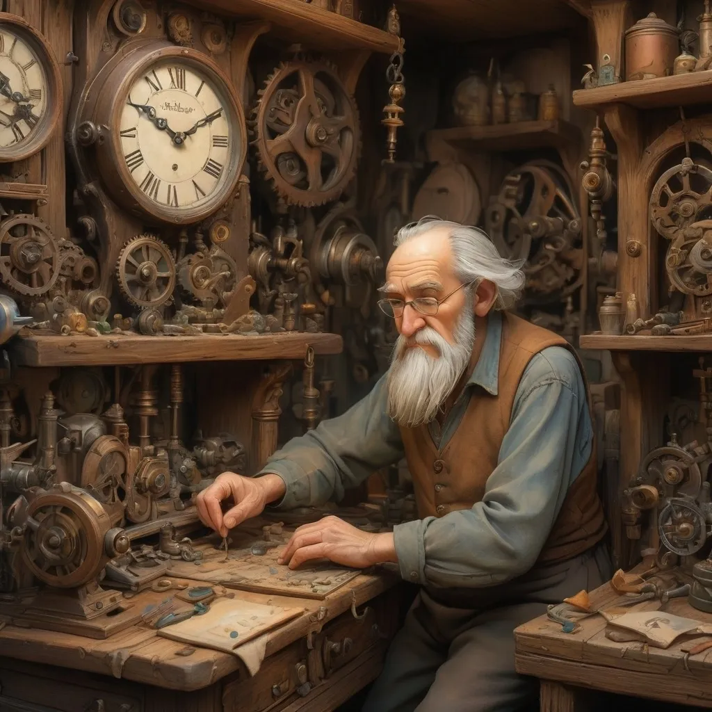 Prompt: (old man clock maker), (antique wooden workshop), (gears and levers) in intricate detail, medieval fantasy setting, watercolor painting anton pieck style, soft and muted colors, warm ambient lighting, filled with dust motes, nostalgic atmosphere, charming clutter, whimsical and dreamy quality, ultra-detailed, inviting vibe that captures the essence of craftsmanship and imagination.