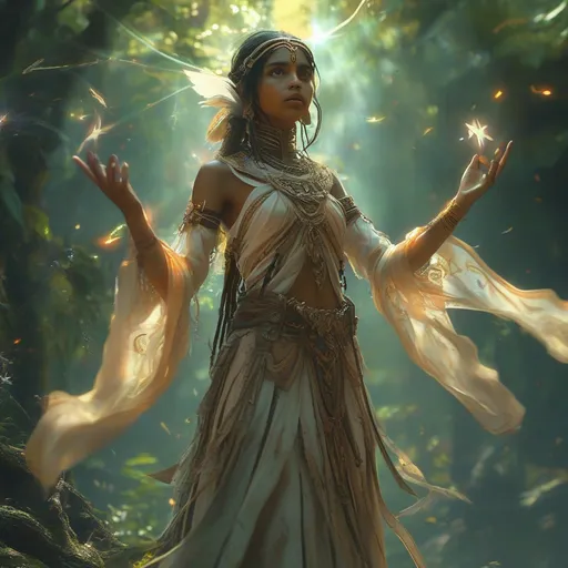 Prompt: (4K) female Asimir adivasi Priestes DND character, cloaked in intricate ceremonial robes, standing boldly in a mystical grove, (powerful spells) flying through the air amongst a dazzling glow of divine light, vibrant ethereal colors illuminating the scene, lush greenery as the backdrop, (intense atmosphere) filled with urgency and magic, highly detailed.