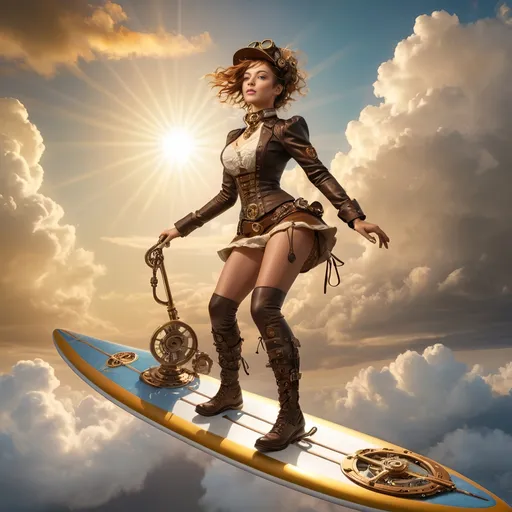 Prompt: female steampunk adventurer wingfoiling on the clouds, high up in the sky, sleek steam punk surfboard, contact with the clouds, golden clouds, sun beams, intricate steampunk gadgets and attire, warm and radiant light, rough admosphere, gorgeous face, fantasy setting, detailed background with sunlit skies and fluffy golden clouds, dynamic and energetic pose, ultra-detailed, 4K, high quality, cinematic colors