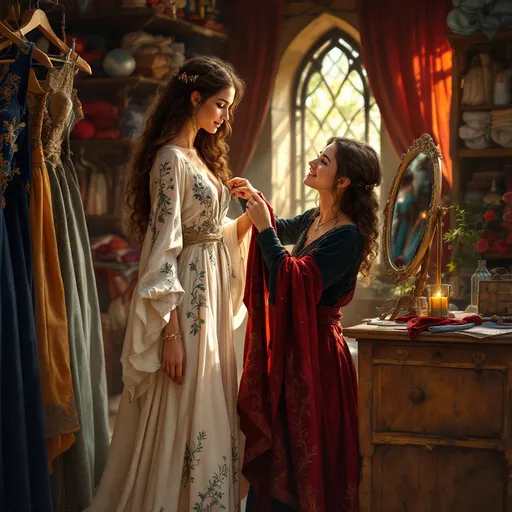 Prompt: digital art, woman on pedestal trying on adventurers dresses, seamstress taking measurments,  medieval fantasy clothing shop, intricate textile patterns, rich colors, warm ambient lighting, vintage sewing tools, detailed wooden shelves, enchanting atmosphere, cozy vibe, high quality, ultra-detailed, artistic representation of craftsmanship and creativity in fashion design.