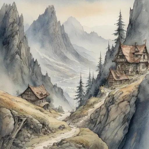 Prompt: Anton Pieck style, medieval fantasy watercolor mountain landscape, with intense shadows, sweeping, mysterious,foggy , professional quality, throwing knifes, leggings