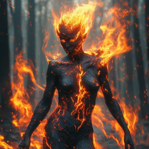 Prompt: (full body fire elemental), body covering blazing flames, body of magma, fiery aura, burned forest path in the background,  intense heat, swirling embers, charred ground, vibrant orange and red tones, high-contrast lighting, dramatic shadows, mystical atmosphere, otherworldly, forest background, ultra-detailed, 4K, fantasy art, epic scene, high-intensity, mesmerizing blaze, darkened surroundings