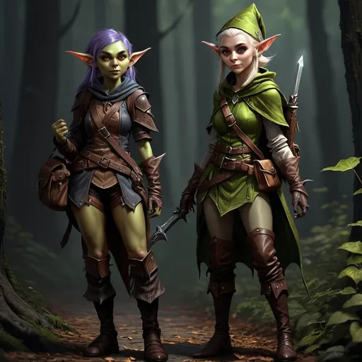 Prompt: gorgeous young female goblin thief and a cute female elf mage, full body, digital art, high detail, realistic, dnd character style, height difference, dark lighting, forest, leather gear, backpack, dagger