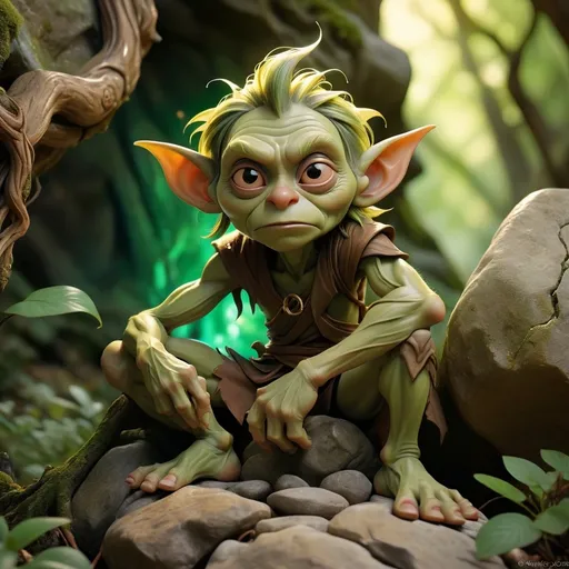 Prompt: (a goblin character sitting by an ancient magical tree growing atop a boulder in rocky terrain), Green and wooden aspects, magical illuminating swirls surounding the tree, little stream flowing from the tree, sacred grove, mystical atmosphere, warm golden and emerald tones, rays of light filtering through the branches, enchanted forest background with dense foliage, high-definition, ultra-detailed,  serene and awe-inspiring, crisp image quality, nature's magic, intricate root systems wrapping around the boulder
