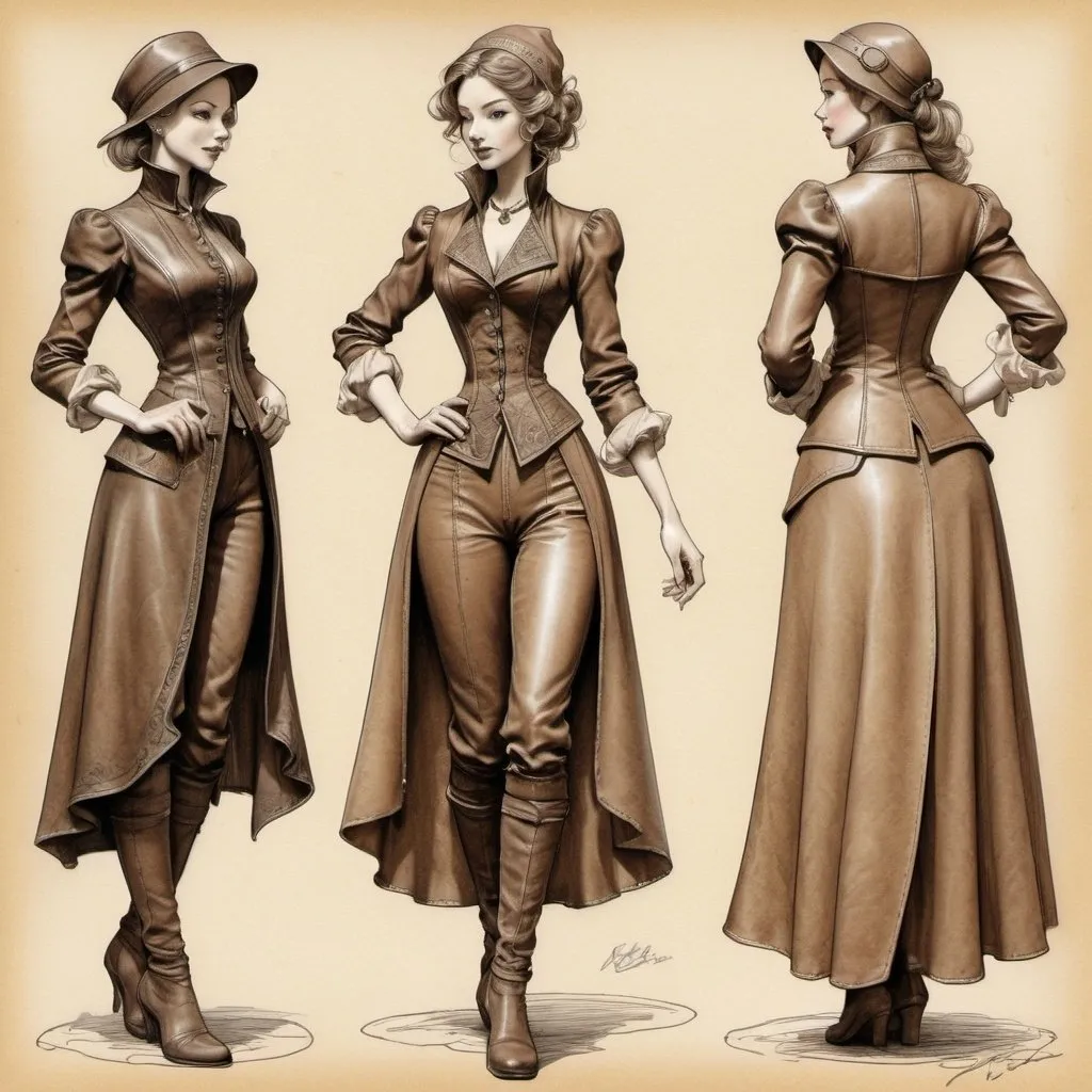 Prompt: Anton Pieck-style female leather clothing design sketches, vintage paper, line art, fantasy style, detailed, nostalgic, sepia tones, intricate linework, old-fashioned, vintage, high quality, professional, daring, artistic, detailed, antique style, romantic, soft lighting