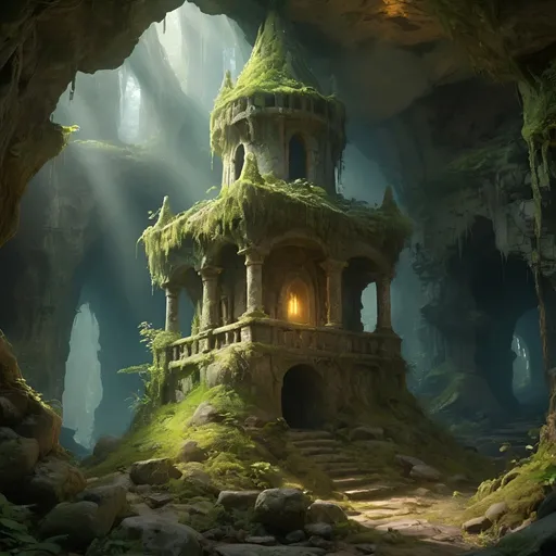 Prompt: Mages tower in a cave, magical illuminated rays, forgotten ruin, mossy and overgrown, female sorcerer, 4k ultra-detailed, fantasy, magical, mystical, mossy and overgrown, atmospheric lighting, intricate details, cave setting, ancient ruins, enchanting, sorceress, mysterious