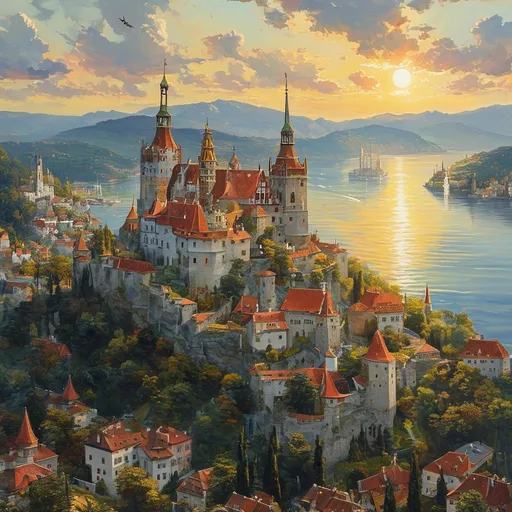 Prompt: (aerial view of grand citadel), (Wiener Hofburg style), (oil painting), towers and spires, in the enchanting style of Anton Pieck, medieval fantasy, picturesque hilly hinterland, shimmering bay, (sunny day) with radiant golden clouds, conveying a pompous feeling, showcasing ancient architecture with elegant details, flourishing marble accents, (ultra-detailed), vibrant colors, (cinematic masterpiece).