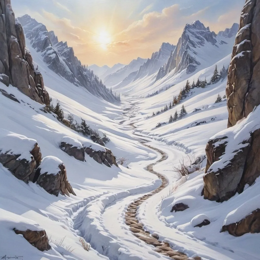 Prompt: winding snowfilled mountain track leading up to the distand peaks with a cliff to the side, oil painting painting, animal tracks, deep snow, low sun shining, drifting clouds, high quality, sharp lines watercolor, snowy, mountains, sunlit, serene, peaceful, scenic, soft colors, artistic, drifting clouds, winter scene, snow, ice,