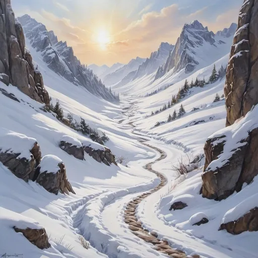 Prompt: winding snowfilled mountain track leading up to the distand peaks with a cliff to the side, oil painting painting, animal tracks, deep snow, low sun shining, drifting clouds, high quality, sharp lines watercolor, snowy, mountains, sunlit, serene, peaceful, scenic, soft colors, artistic, drifting clouds, winter scene, snow, ice,