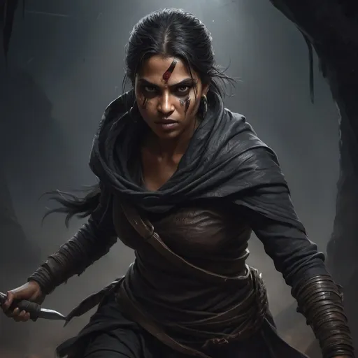 Prompt: High-quality dark fantasy digital painting of a fierce adivasi female assassin going for the kill, detailed facial features, dark and gritty atmosphere, intense and focused gaze, dynamic full body action pose, leather, cloak, mysterious and shadowy lighting, cinematic, intense, dark tones, assassin, digital painting, detailed eyes, professional, atmospheric lighting