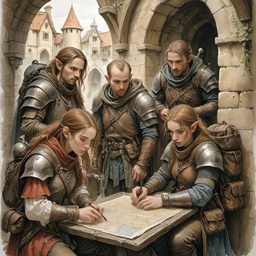 Prompt: higly detailed watercolor and pencil painting, (diverse fantasy races of DnD adventurers), medieval fantasy, looking at a map in the dungeon (anton pieck style) , (beautiful detailed faces), (medieval fantasy Setting),  (detailed character designs with backpacks and gear), (immersive composition).