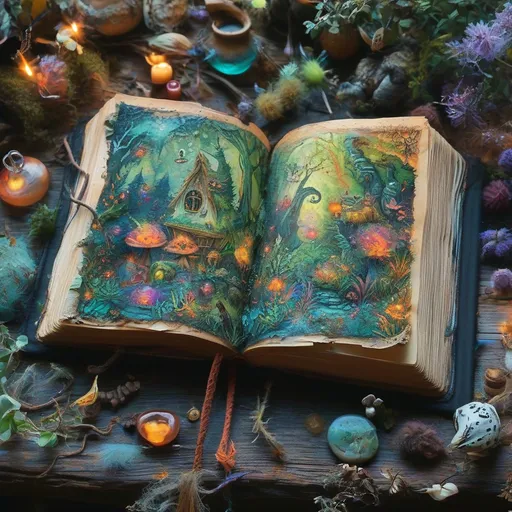 Prompt: open witch's tome, vibrant enchanted forest sprouting from its pages, infused with (sinister) mystic flora and fauna; scene pulsating with (magic and wonder), potions and herbal plant sketches, soft ethereal spells drifting into the air, (creepy crawlers) scampering around, shadows playfully dancing in the warm ambiance of the cottage, enchanting yet eerie atmosphere reflecting hidden secrets and ancient knowledge.