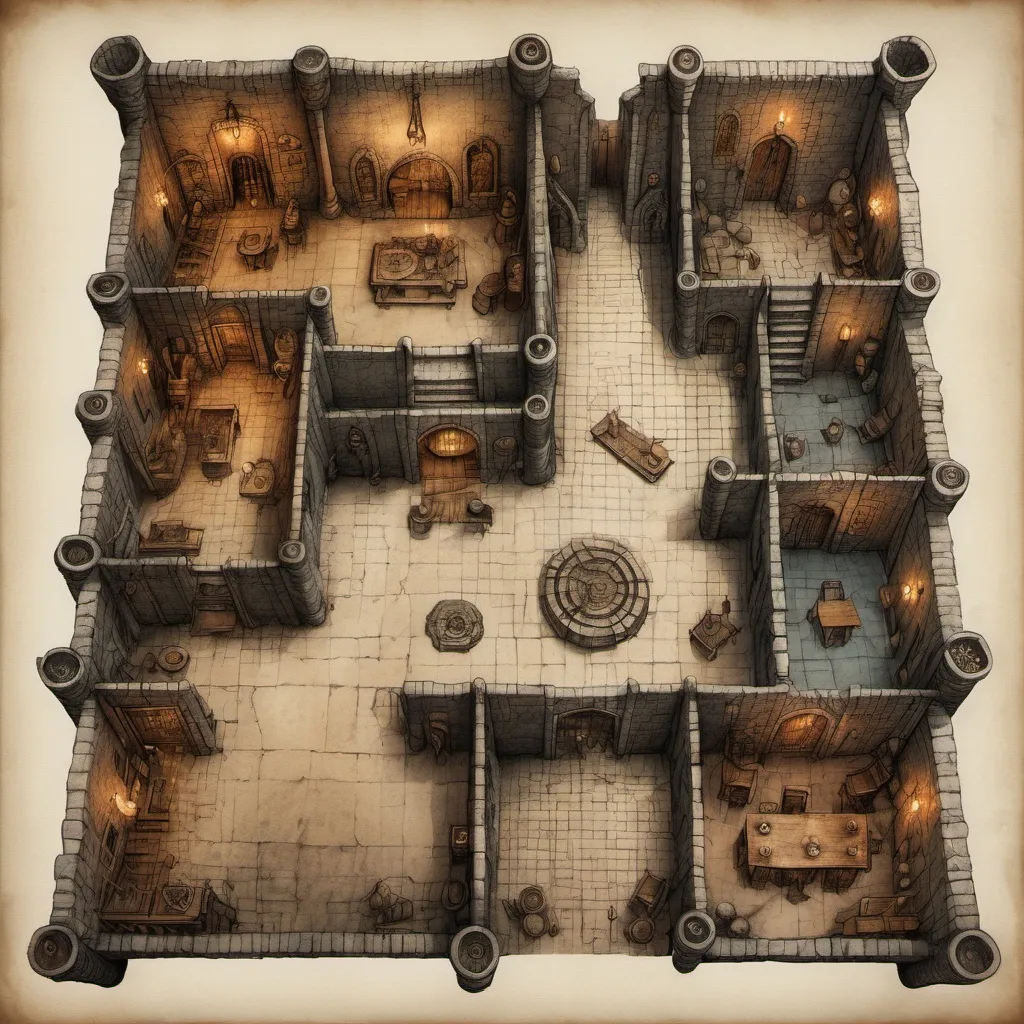 Prompt: (top view floor plan), (giant medieval fantasy dungeon), Anton Pieck style sketch, detailed interior layout, maze-like structure, dark menacing tones, shadows and highlights enhance depth, intricate furniture design including stone tables and torches, prominent entrance design, elaborate throne room, atmospheric lighting adds intensity, (highly detailed), (HD image), vintage ink and parchment textures.